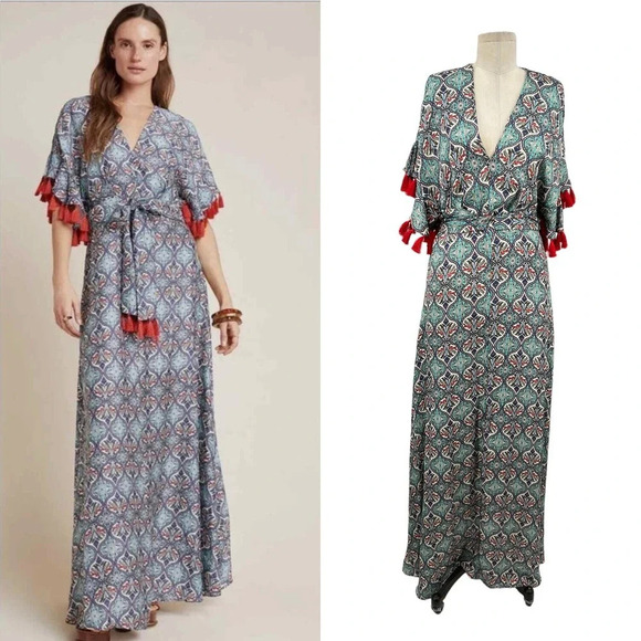 Anthropologie Sachin & Babi Maxi Dress Tassel Abstract Print Blue Red Size 8 - Picture 1 of 16